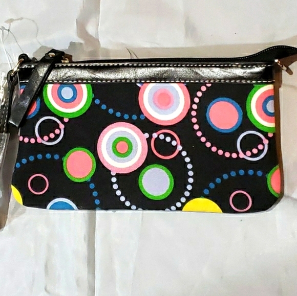 Ladies Wristlet Bag Black Multicolored Circles NWT - Picture 3 of 6